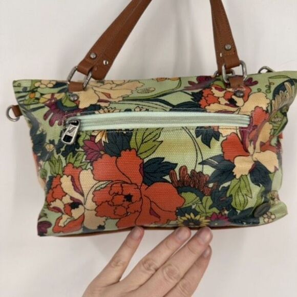 SAKROOTS Floral Flower Power Peace Small Satchel Tote Coated Canvas Bag green - Picture 10 of 12